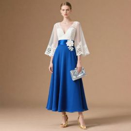 Elegant Royal Blue Midi Dress with Lace Sheer Sleeves & Floral Waistband - Perfect for Weddings/Evenings