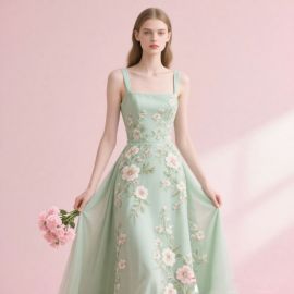 Mint Green Floral Embroidered Spaghetti Strap Maxi Dress - Elegant Wedding/Bridesmaid Gown