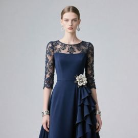 Navy Blue Lace Dress: Elegant Floral Embellishment & Ruffled Skirt Design