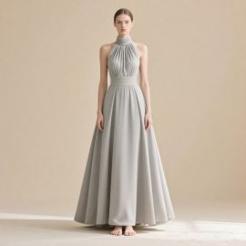 Elegant Gray Halter Neck Long Evening Dress - Chic & Flowy Design