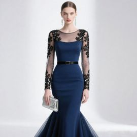 Elegant Navy Blue Mermaid Gown with Lace & Sequin Embellished Sleeves and Belted Waist