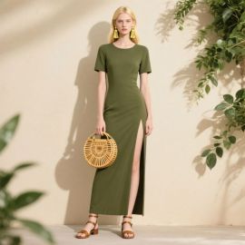 Elegant Olive Green High Slit Maxi Dress - Chic Office & Evening Wear