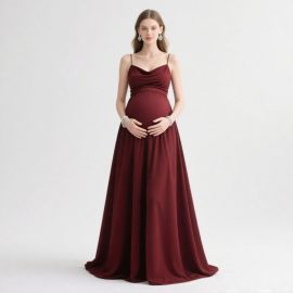 Elegant Burgundy Maternity Maxi Dress - Spaghetti Strap Flowy Gown for Pregnant Women