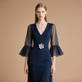 Elegant Navy Blue Dress: V-Neck, Sheer Bell Sleeves & Floral Waist Accent