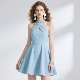 Light Blue Criss - Cross Neck Mini Dress: Stylish Summer Fashion for Women