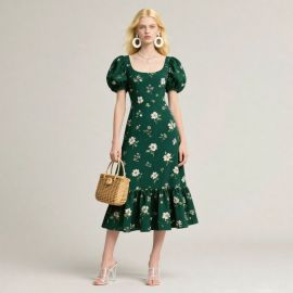 Emerald Green Floral Print Midi Dress with Puff Sleeves & Ruffled Hem