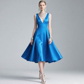 Royal Blue Satin V-Neck Sleeveless Midi Dress | Elegant Party Evening Gown