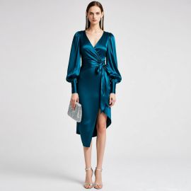 Teal Satin V-Neck Long Sleeve Wrap Waist High-Low Hem Dress - Elegant Party Evening Wear