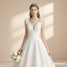 Elegant Deep V-Neck Wedding Dress with Ruffled Shoulders & Flowy A-Line Skirt