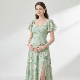 Elegant Maternity Floral Dress with Ruffled Sleeves & Slit - Mint Green Summer Style