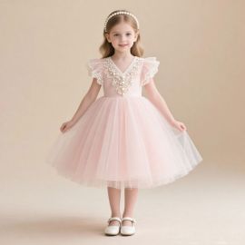 Charming Girls Pink Tulle Dress with Pearl Embellishment & Lace Sleeves - Perfect for Parties
