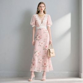 Elegant Pink Floral Lace Trim Puff Sleeve Maxi Dress