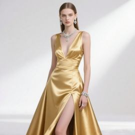 Luxury Gold Satin Deep V-Neck High Slit Evening Gown - Elegant Formal Dress