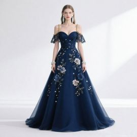 Elegant Navy Blue Off-Shoulder Evening Dress with Floral Embroidery & Sequins