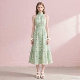 Light Green Floral Halter Neck Pleated Midi Dress - Summer Boho Style