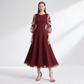 Elegant Burgundy Midi Dress: Floral Embroidered Sheer Sleeves A-Line Gown