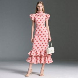 Elegant Pink Floral Midi Dress with Ruffled Collar, Sleeves & Tiered Hem - Summer Chic