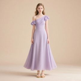 Lavender One - Shoulder Ruffled Long Dress: Elegant Flowy Style for Weddings/Events