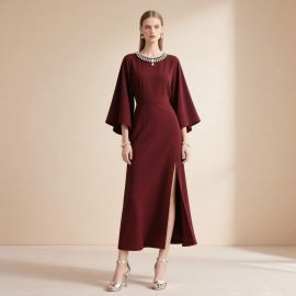 Burgundy Embellished Neckline Flared Sleeve Slit Maxi Dress - Elegant Evening Gown