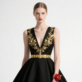 Elegant Black Evening Dress with Gold Embellishments & Deep V-Neck