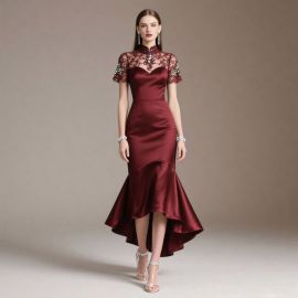 Elegant Burgundy High - Low Mermaid Dress with Lace & Beading Details