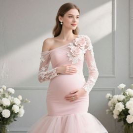 Elegant Maternity Off - Shoulder Lace Flower Mermaid Gown for Photoshoots