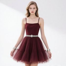 Burgundy Spaghetti Strap Short Tulle Dress with Rhinestone Belt - Chic Evening Party Gown