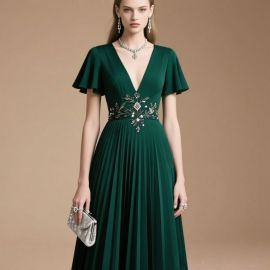 Elegant Emerald Green V - Neck Gown: Short Flutter Sleeves & Embroidered Pleated Skirt for Formal Occasions