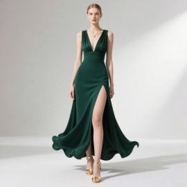 Elegant Emerald Green V - Neck High Slit Evening Gown for Formal Events
