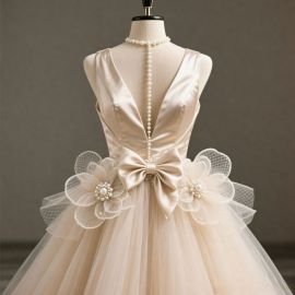 Elegant Deep V-Neck Gown: Pearl Accents, Big Bow & Floral Tulle Design