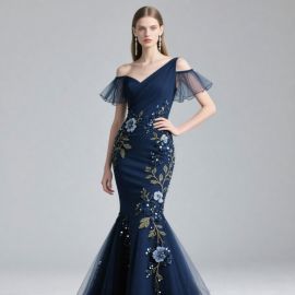 Navy Blue Off - Shoulder Mermaid Gown with Embroidered Floral & Sequins