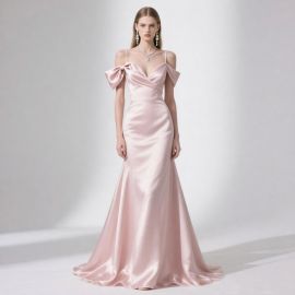 Elegant Pink Satin Off - Shoulder Mermaid Gown with Bow Detail
