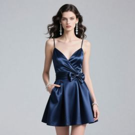 Navy Blue Satin Spaghetti Strap Dress with Bow Belt - Elegant Short Party Gown