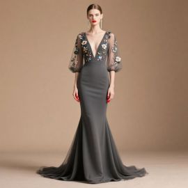 Stunning Gray Mermaid Evening Gown: Deep V-Neck, Floral Embroidered Sheer Sleeves