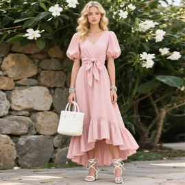 Pink High-Low Dress: Puff Sleeves & Bow Waist - Summer Chic Style