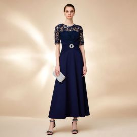 Elegant Navy Blue Lace Gown: Formal Evening Dress with Beaded Waist Detail