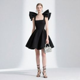Chic Black Bow Shoulder Square Neck A-Line Mini Dress - Evening Party Ready
