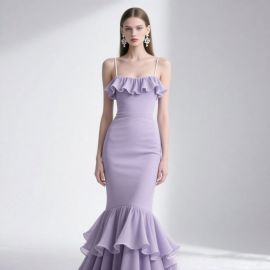 Lavender Ruffled Mermaid Gown: Spaghetti Strap Formal Evening Dress