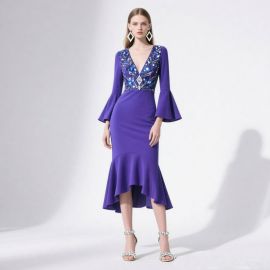 Chic Purple Sequined Deep V-Neck Flare Sleeve High-Low Bodycon Midi Dress