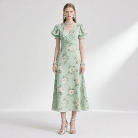 Elegant Green Floral Midi Dress with Puff Sleeves & Wrap Waist Design