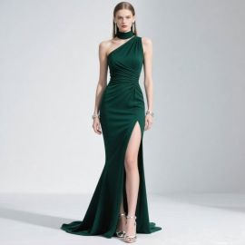 Elegant Emerald Green One - Shoulder High Neck Slit Evening Gown