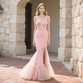 Elegant Pink Mermaid Prom Dress: 3D Floral Embellishments, Spaghetti Straps & High Slit for Evening Glamour