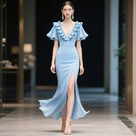 Light Blue Ruffled V-Neck High Slit Mermaid Evening Dress - Elegant Party Gown