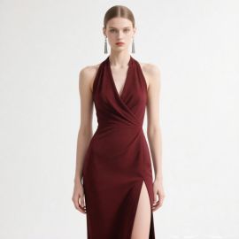 Burgundy Halter Neck Slit Maxi Dress - Elegant Evening Gown