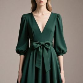Elegant Emerald Green V - Neck Dress with Puffed Sleeves & Bow Belt