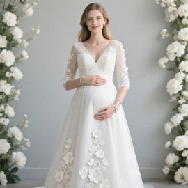 Maternity Wedding Dress: V-Neck Lace Long Sleeve Floral Embroidered Gown