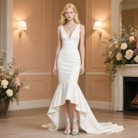 Elegant White Mermaid Wedding Dress: Deep V-Neck & High-Low Hem Design