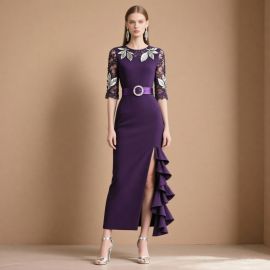 Elegant Purple Gown: Lace Sleeves, Leaf Embroidery, Belted Waist & Ruffled Hem - Formal Evening Dress