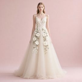 Romantic Spaghetti Strap V - Neck Wedding Dress with 3D Floral Embroidery Tulle Skirt