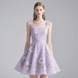 Lavender Floral Embroidered Sequined Mini Party Dress